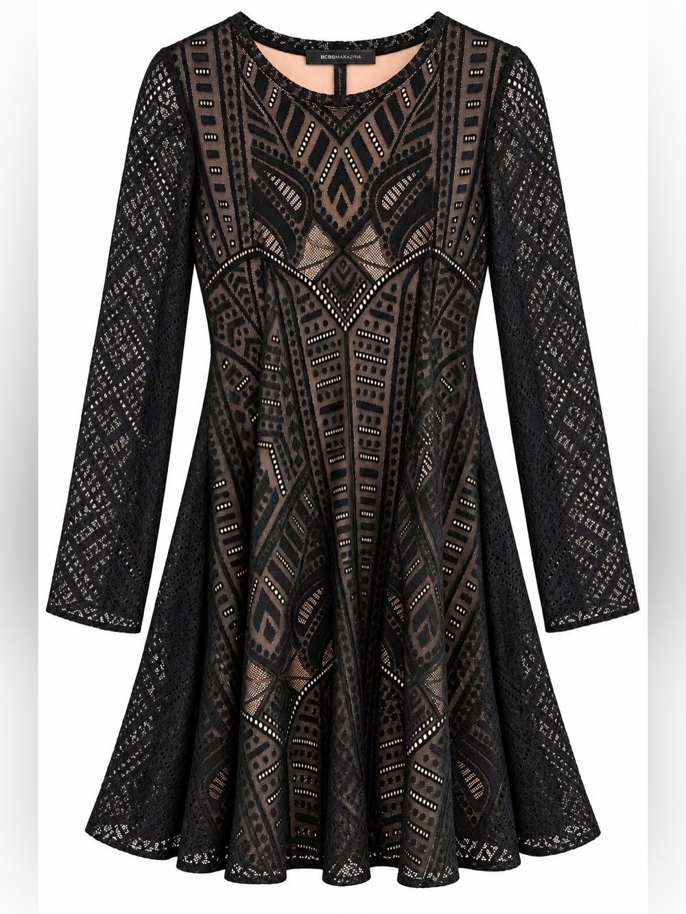 BCBGMAXAZRIA NATYLY BLACK NUDE LACE LONG SLEEVE MINI DRESS Size XXS